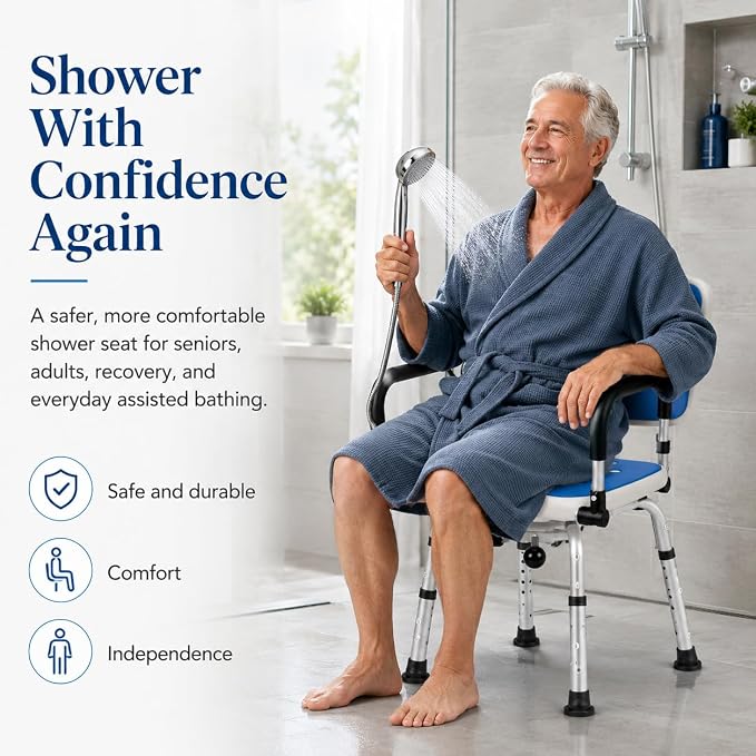 Deluxe Swivel Shower Chair with Arms & Back by CZMY, 360° Locking Seat, 5-Level Height Adjustable, Padded Heavy-Duty Bath Chair, 300 lbs, for Seniors, Elderly, & Disabled (Blue with Flip-Up Arms)