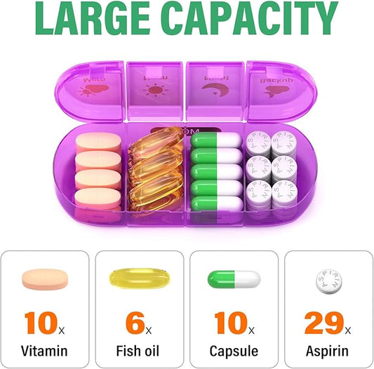 Weekly Pill Organizer 4 Times a Day, 7 Day Pill Box 4X, Portable for Travel Pill Case for Pills/Vitamin/Fish Oil/Medication/Supplements (4x7 Blue+Rainbow)