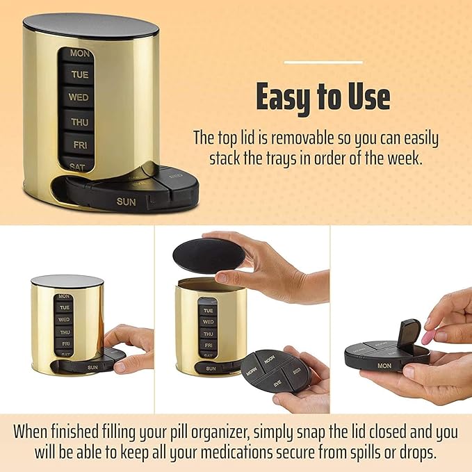 Weekly Pill Organizer - 2Pack - 4 Times-A-Day, Daily Stackable Medication Reminder - Weekly AM/PM Pill Box with 7 Individual Stacking Cases, a Everyday Medicine Organizer for Vitamins, Black & Gold