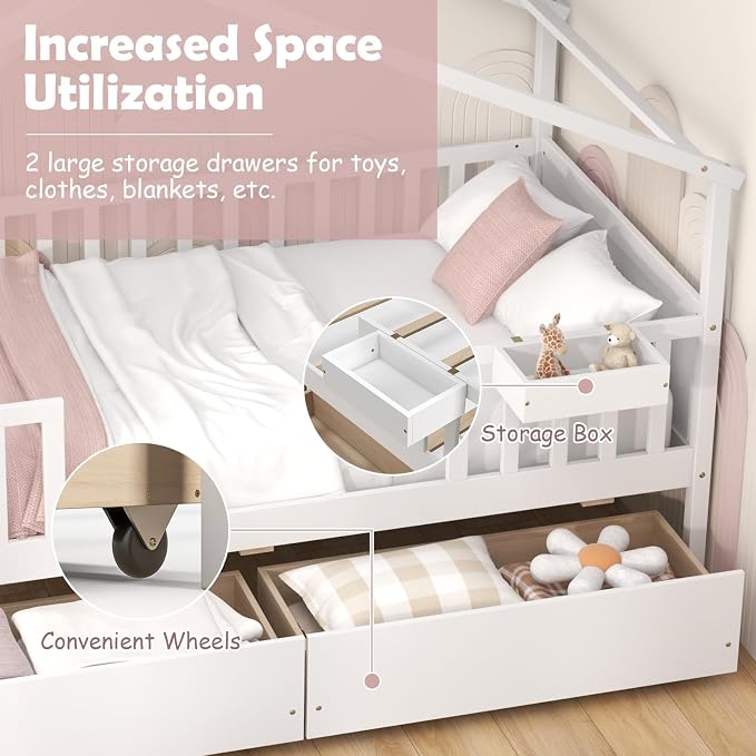 Giantex Twin House Bed with Drawers, Wooden Twin Bed Frame with Cube Storage & Fence Rails, Montessori Beds for Kids Boys, Girls, Bedroom, Living Room, No Box Spring Needed, White