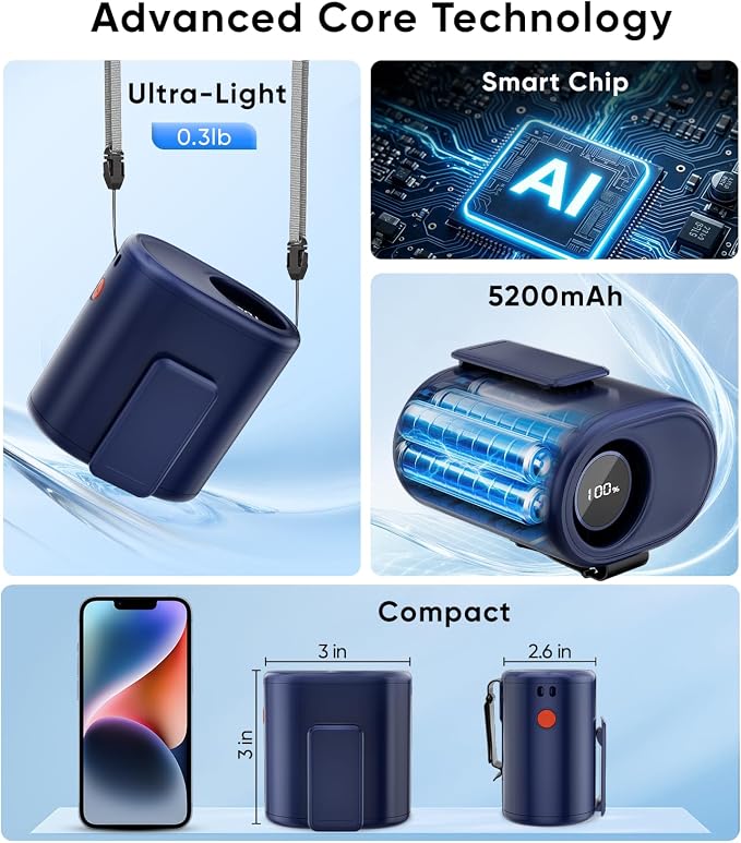 AI Portable Waist Fan, 6-Speed 15,000RPM Strong Turbo Airflow, 30H Cooling Battery Powered Personal Fan Rechargeable, Wearable Hands-Free Shirt/Belt/Body Fan for Travel, Work, Outdoor, Blue