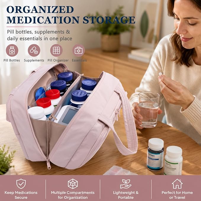 BAGSFY Travel Medicine Bag with 2 Separate Compartments, Wide-Opening Medication Organizer, Puffy Medical Storage Bag for Prescription Bottles, Pill Cases, Medical Supplies,Travel & Family Emergency