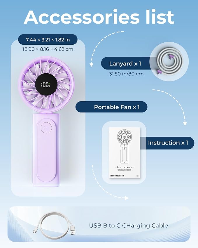 Peiyuu Portable Fan, 4000mAh USB Rechargeable, 180° Foldable Mini Desk Fan, 6 Wind Speed, LCD Digital Display, Lanyard as Neck Fan, Ultra Quiet, Pocket Size for Indoor Outdoor