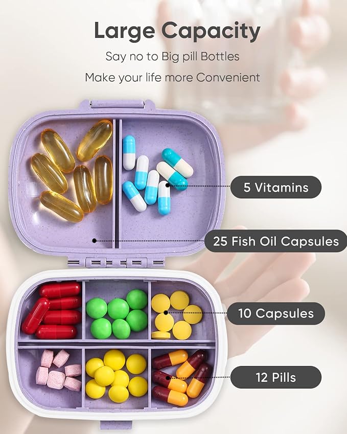 Holii Travel Pill Organizer, 8 Compartments Portable Pill Case, Daily Pill Box to Hold Vitamins, Small Pill Container for Pocket Purse Medicine Organizer（Purple）