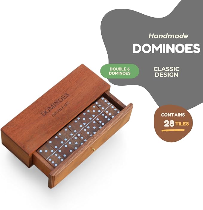T one Handmade Dominos Set for Adult and Kids with Wooden Box(28 Tiles) | Double six Dominos for Indoor Play | Family Party Game | Gift for Birthday/Christmas/Father Day (Design-3)