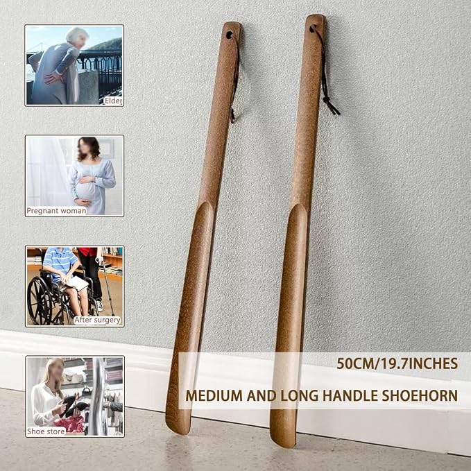 Shoe Helper for Seniors Japanese Style Medium and Long Handle Magnetic Suction Shoehorn, Double Storage Design Beech Shoe Helper, Wear Shoe Tool (Color : Brown, Size : 50 * 3.5cm)