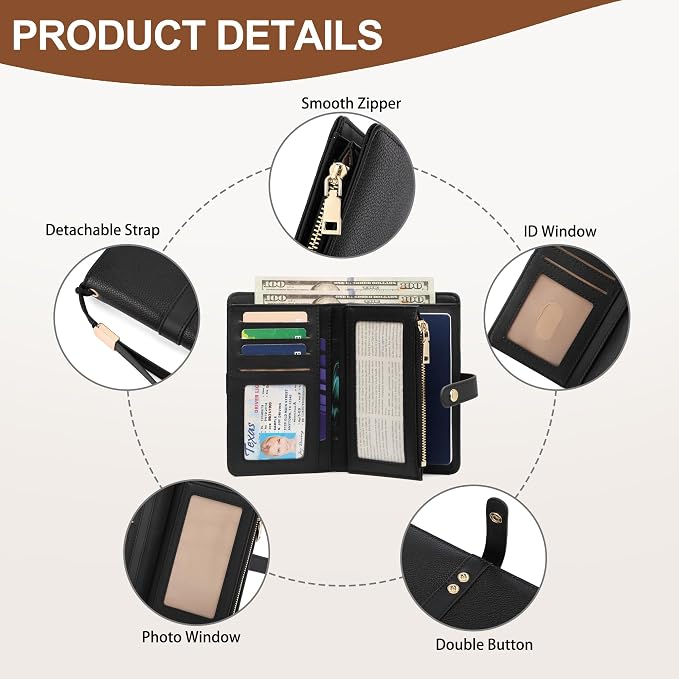Small Wallet Women RFID Blocking Vegan Leather Slim Thin Bifold Credit Card Wallet Passport Holder Ladies Travel Wallet Mini Purse with Zipper Pocket
