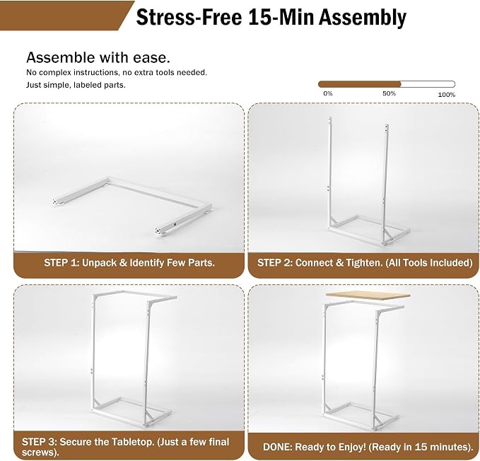 C Shaped End Table for Couch, Small Side Table for Living Room & Bedroom, Slide Under Sofa Table for Laptop, Coffee, Snacks, Easy Assembly, Modern Design