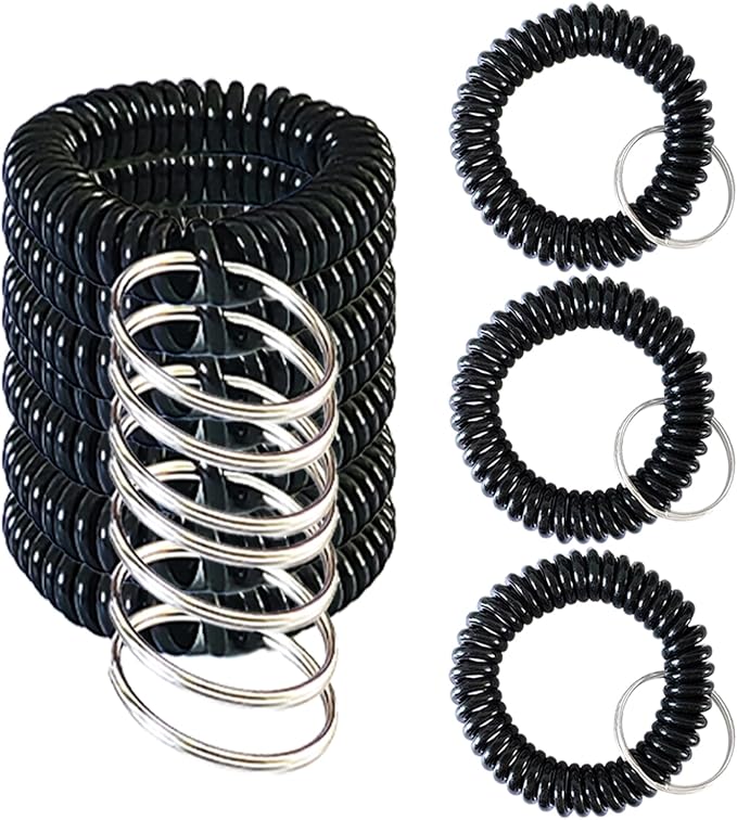 10 Pieces Wrist Coil Keychain Spiral Key Ring, Solid Black | Wristband Bracelet Key Holder for Pool Gym ID Badge