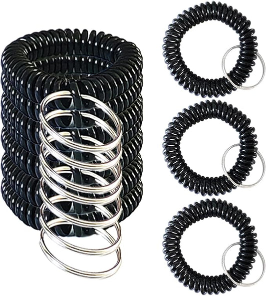 10 Pieces Wrist Coil Keychain Spiral Key Ring, Solid Black | Wristband Bracelet Key Holder for Pool Gym ID Badge