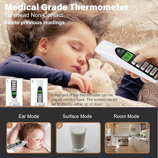 Baby Forehead & Ear Thermometer, Base Stand, 3-in-1, White | Touchless, For Baby, Infants, Toddlers, Kids & Adults, Base Stand & Clock