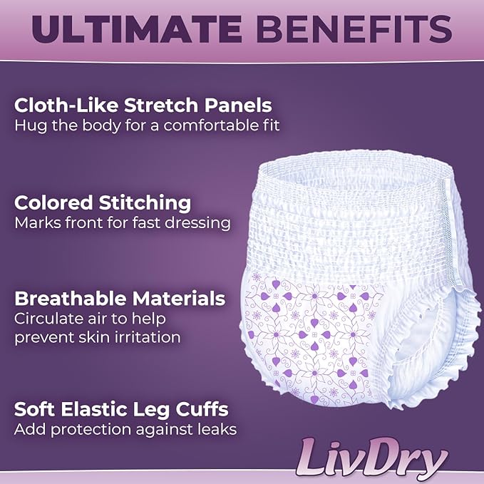 Livdry L Adult Diapers Women Overnight, Ultimate Max Absorbency, All Day or Night Protection, Large (60 Count)