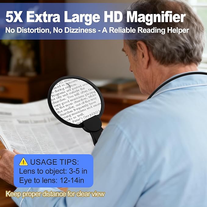 Magnifying Glass with Light Hands Free for Reading 5.5 Inch 5X, LED Light with 2 Modes, Flexible Neck-Worn Large Magnifie, Illuminated Magnifier for Seniors Inspection, Coins, Jewelry, Sewing