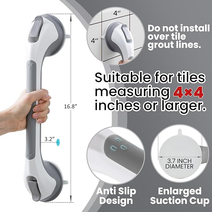 TAILI Shower Grab Bar 16 Inch Suction Cup Grab Bars for Bathroom, Removable Shower Safety Handle Heavy Duty Bathtub Grip for Seniors & Elderly, Strong Handrails No Drilling Waterproof, Grey