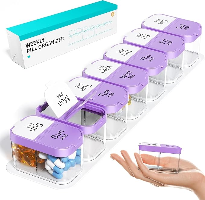Odaro Extra Large Weekly Pill Organizer, XL Pill Box 7 Day Am Pm, Jumbo Medicine Organizer 2 Times A Day to Hold Daily Medicine Vitamin and Supplements - Purple