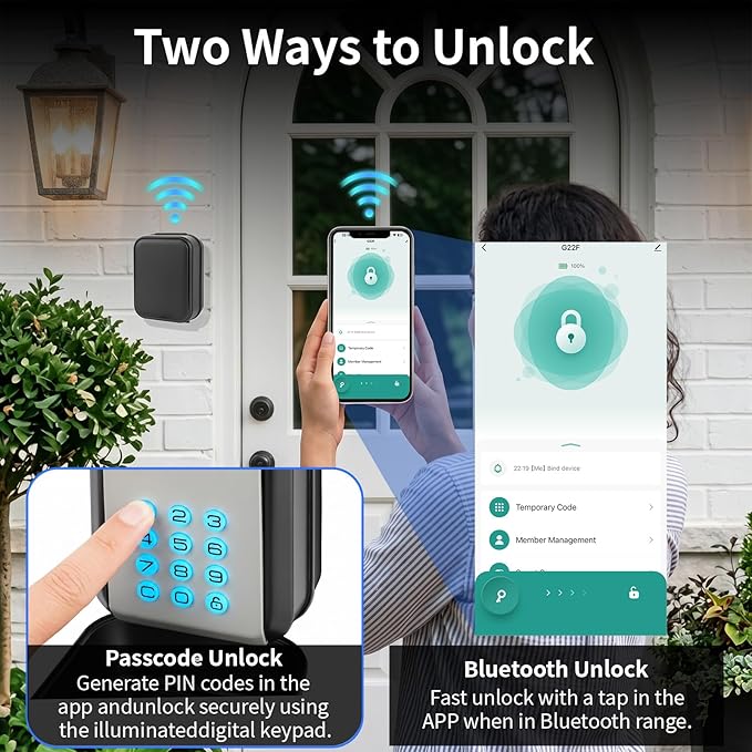 Smart Key Lock Box with Bluetooth APP, Remote Code Sharing & PIN Code Unlock, IP65 Heavy Duty Zinc Alloy Wall Mounted for Airbnb Hosts Realtors, Holds 5 Keys+Cards (Gray)