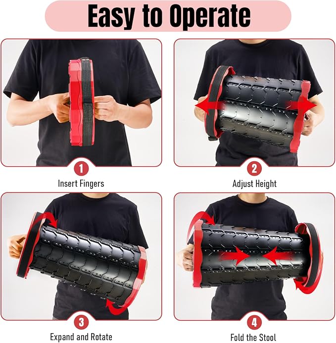 Doseno Collapsible Stool 2 Pack, Portable Retractable Camping Seat, Red | Thickened PP design spans 2.4-17.5 in with 12 height positions and carry straps for fishing, hiking, BBQ, travel and events.