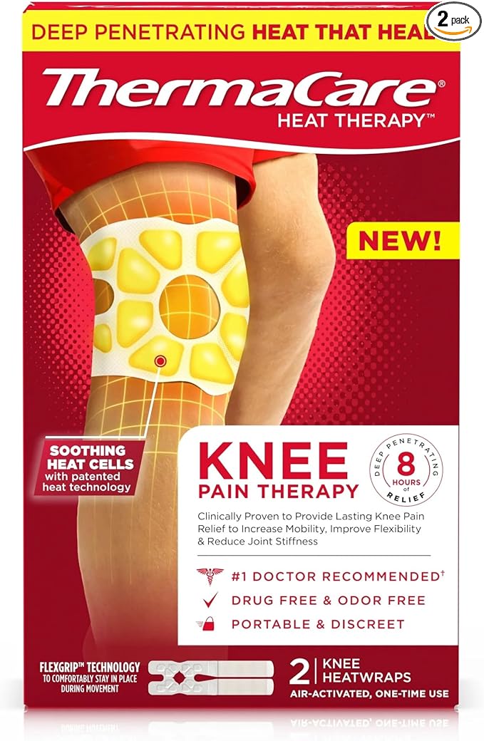 ThermaCare Knee Heat Wraps for Knee Pain Relief - Heating Pads with 8-Hour Heat Therapy - Flexible Heat Wraps for Joint & Muscle Pain, Secure Fit for Daily Comfort & Support for Wear - 2 Count