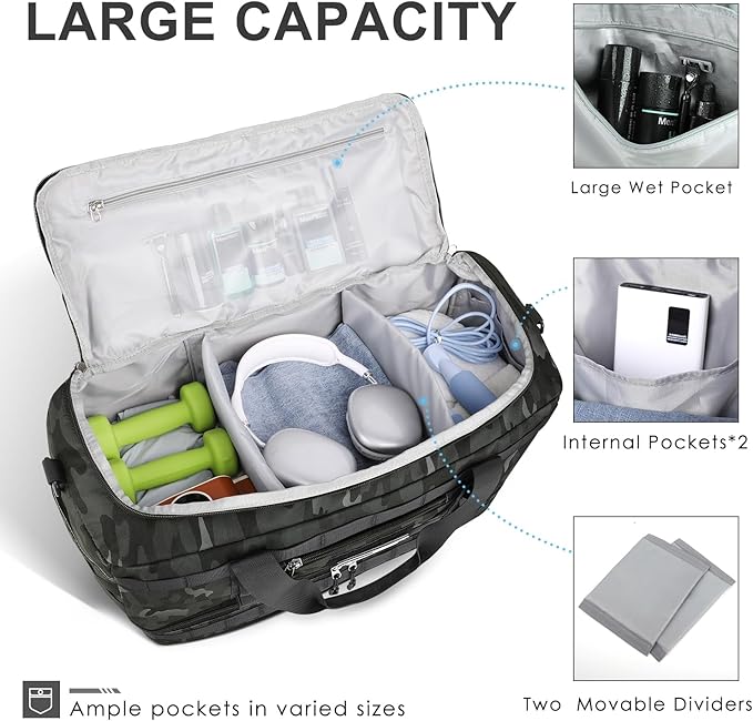 Gym Bag for Men Women, Carry on Luggage 22x14x9 Airline Approved Duffle Bag | Tactical Travel Bags with Toiletry Bag and Shoe Compartment, Weekender Overnight with Wet Pocket for Workout, Black Camo