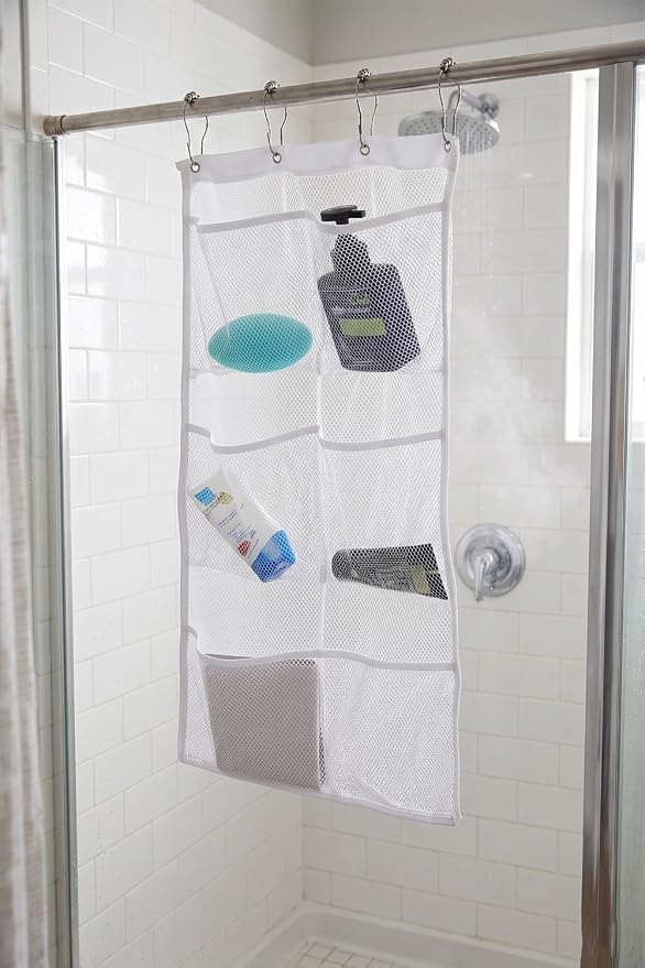 ALYER 6 Storage Pockets Hanging Mesh Shower Caddy,Space Saving Bathroom Accessories and Quick Dry Bath Organizer,White