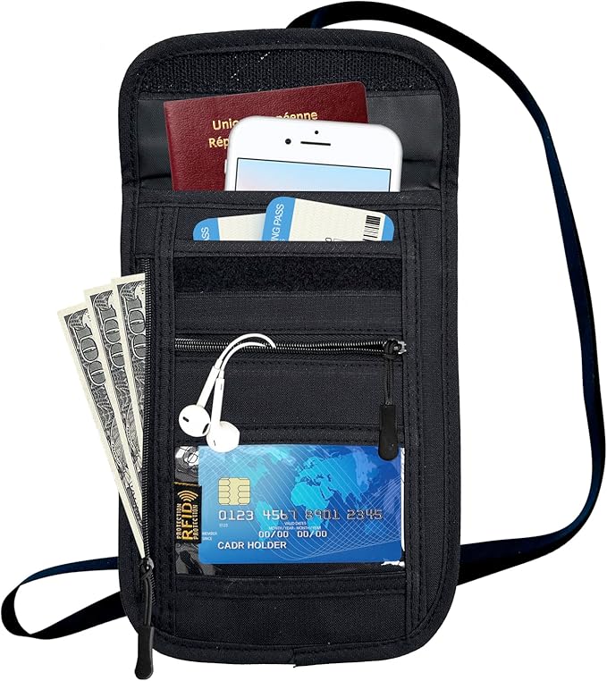 RFID Blocking Travel Neck Wallet Pouch and Passport Holder, Travel Neck Pouch Passport Holder for Women & Men - Black
