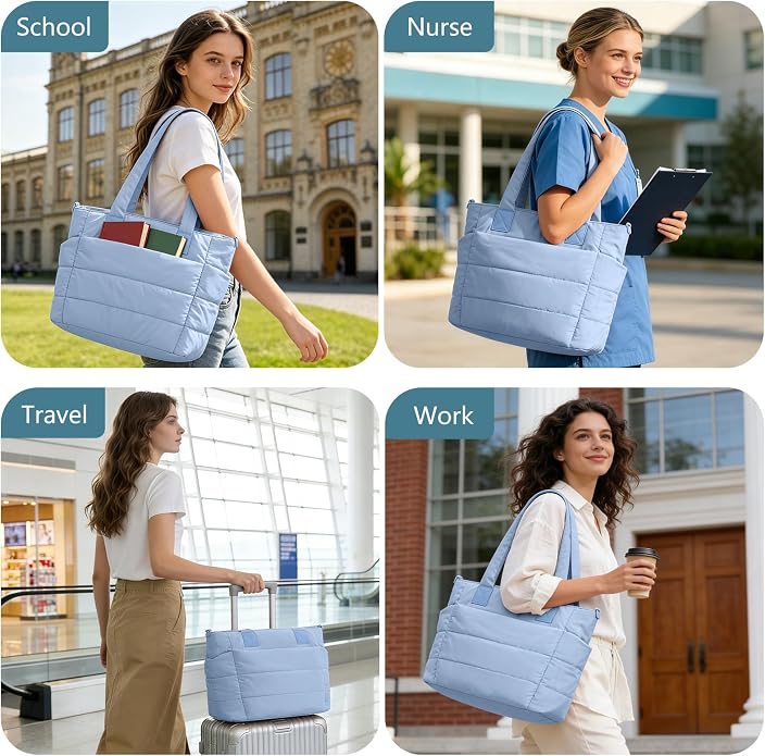 Puffer Tote Bag for Women Quilted Nurse Bag Lightweight Work Bag for Teacher Travel Handbag with Multiple Pockets