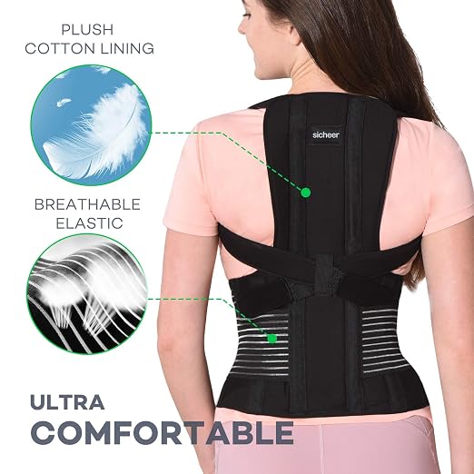 SICHEER Posture Corrector Back Brace for Women & Men, Medium, Waist 34-38" | Adjustable posture trainer with breathable padding, dual metal stays, secure shoulder straps for all-day comfort and support