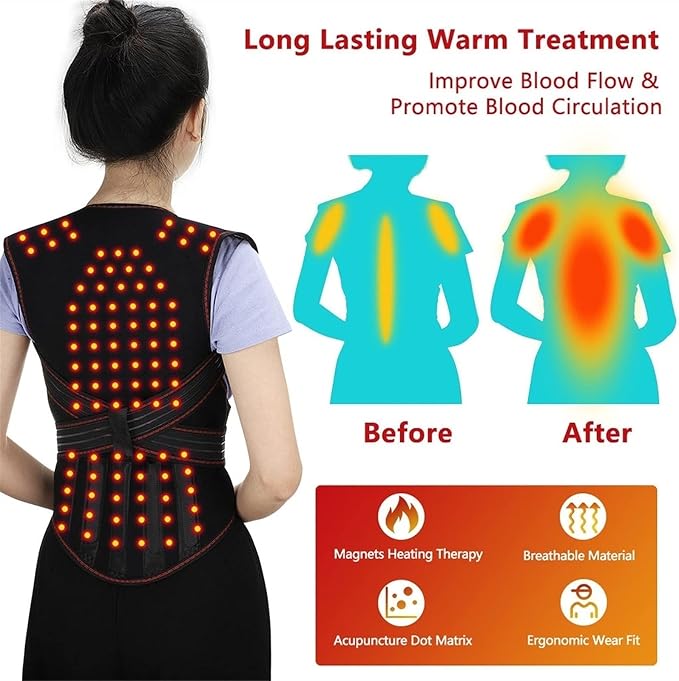 Physical Therapy Back Brace Posture Corrector for Seniors Men & Women Self-Heating 108pcs Magnets Full Back Lumbar Support Belt Shirts Vest Pain Relief for The Elderly, Black, XL/X-Large