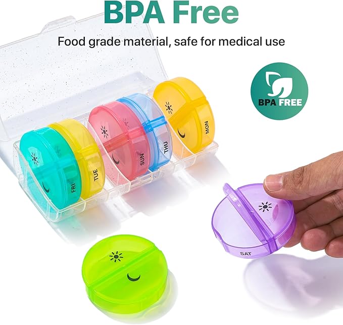 Sukuos Large Weekly Pill Organizer 2 Times a Day, Daily Pill Box 7 Day Easy to Open with Double Protection, AM PM Pill Case for Medicine/Vitamin/Fish Oil/Supplements (Glitter Clear)