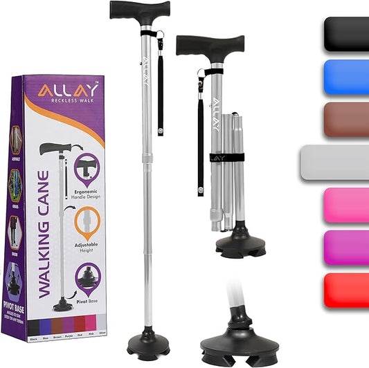 Allay Walking Cane for Men & Women - Foldable, Adjustable, Collapsible Walking Canes for Seniors Balance, Free Standing, Pivot Tip, Heavy Duty, with Travel Bag | Walking Sticks for Seniors & Adults
