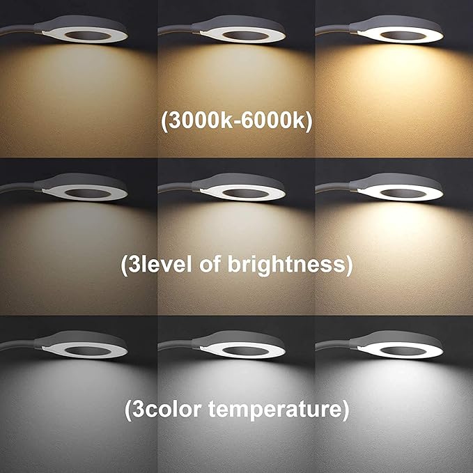 Desk Lamp, JKSWT Clip on Light Reading Light Ring Light LED with 3 Color Modes, 9 Brightness Dimmer, 60 pcs LEDs, Touch-Sensitive Control Pane, 360 ° Flexible Gooseneck Bed Light