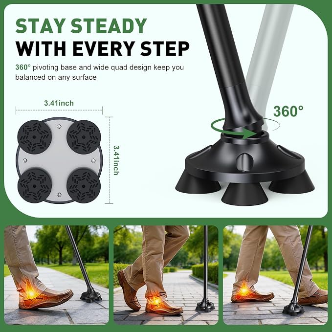 Walking Cane for Men & Women, Sturdy Walking Sticks for Seniors | Foldable, Adjustable, All Terrain Tips for Daily Use/Travel, Comfort Grip, Free Standing, Heavy-duty Aluminum, Black