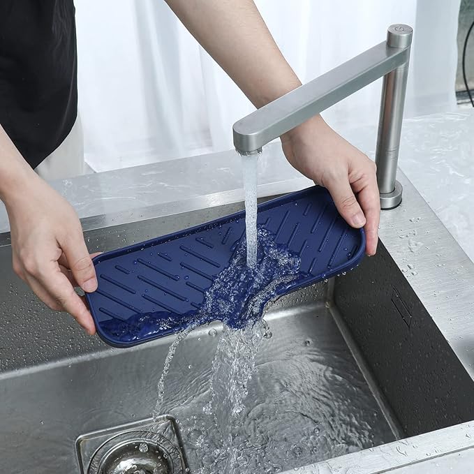 Silicone Bathroom Soap Dishes with Drain Spout-Kitchen Sink Organizer,Sponge Holder,Dish Soap Tray,Perfect for Dispenser,Scrubber,Bottle,Cup on Sink or Counter-Navy Blue 12"×4"