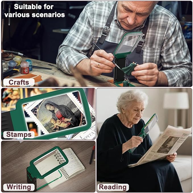 10X Magnifying Glass with Light and Stand, Real Glass Lens, Rechargeable Foldable Handheld Magnifier, 3 Color Modes Dimmable Lighted Page Magnifier for Reading Fine Prints, Seniors, Green Black