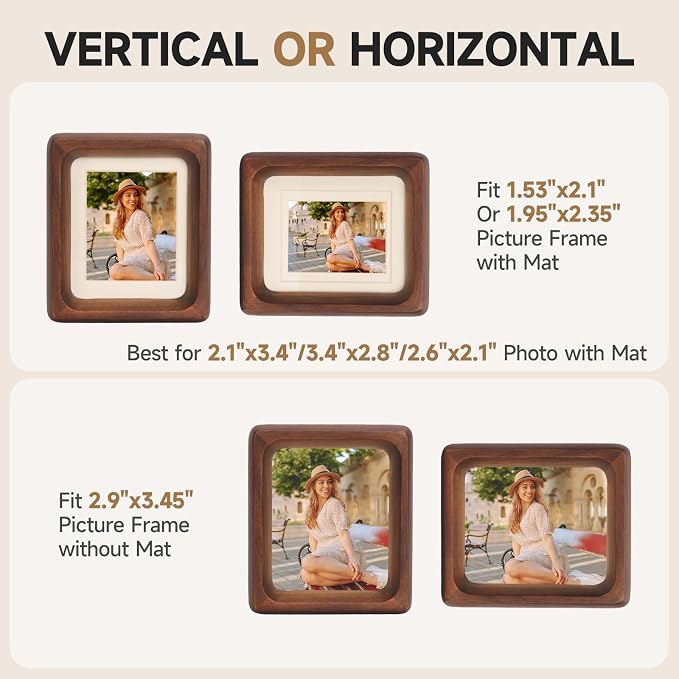 Solid Walnut Picture Frame for Instax Mini & Polaroid Go, Small Wood Photo Frame with Decorative Joinery Corners, Tabletop Display (Walnut, For 2.1x3.4/3.4x2.8/2.6x2.1 Photo)