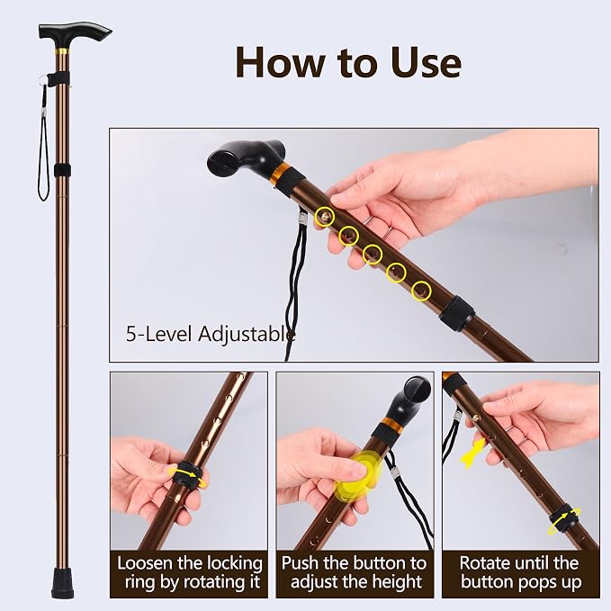 Walking Cane, Folding Cane for Man & Women, Portable Lightweight | 5-Level Adjustable Height, Collapsible Cane for Seniors Balancing Mobility Aid
