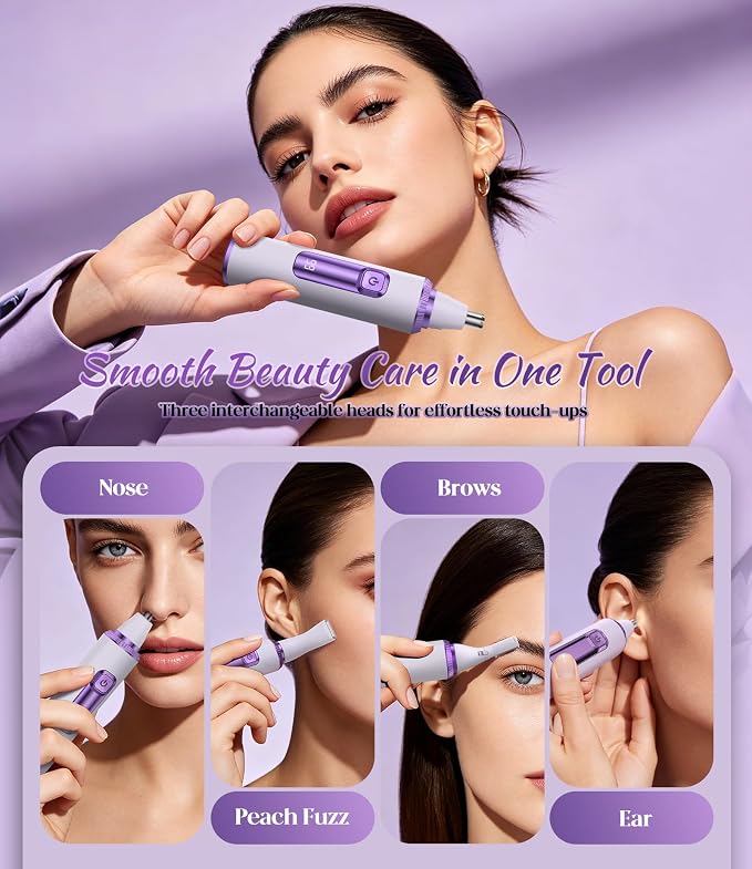 Nose Hair Trimmer for Women, 3-in-1 Painless & Gentle Trimmer for Nose, Eyebrows & Facial Hair, Type-C Rechargeable Precision Groomer with Double-Edged Blades, IPX7 Waterproof - Purple