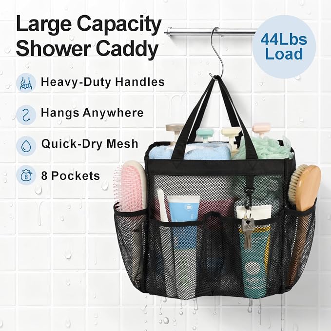 Mesh Shower Caddy Portable - 2 Packs, S-Hook, Shower Bag for Dorm Camping | 8 Pockets, 2-Handle, Quick-Dry, Hanging College Dorm Room Essentials for Girls, Gym, Travel & Bathroom, Black & Mint Green