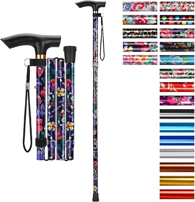 supregear Folding Cane, 5-Level Adjustable Height Walking Stick Lightweight Collapsible Portable Travel Cane with Wrist Strap and T Handle for Elderly Disabled Men Women