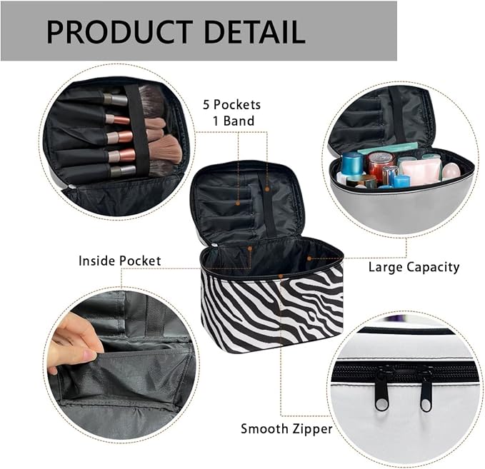 Zebra Stripes Women Large Cosmetic Bag Travel Makeup Bag Handle, Black White Animal Skin Texture Portable Toiletries Bag Brush Bags for Traveling