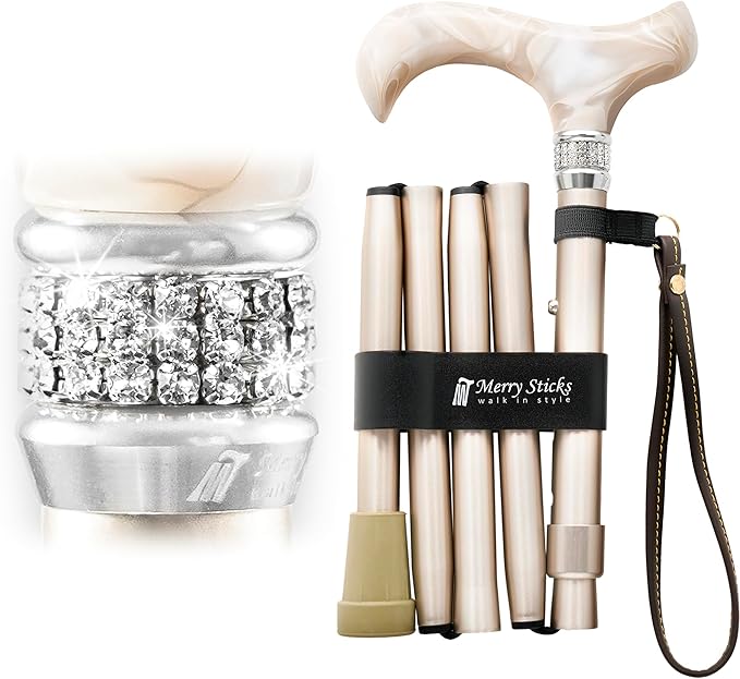Merry Sticks Designer Foldable Walking Canes with Finest European Crystals, Folding Canes for Women and Men, Adjustable & Collapsible Canes for Seniors, Stylish Rhinestone Gift - Royal Champagne Gold