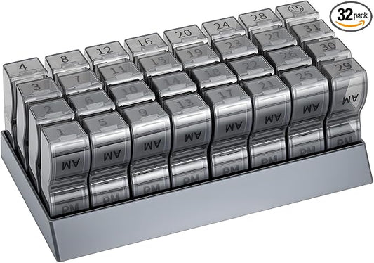 Monthly Pill Organizer 2 Times a Day, one Month Pill Box AM PM, 30 Day Pill Case Small Compartments to Hold Vitamin and Travel Medicine Organizer, 31 Day Pill Organizer, 4 Week Pill Cases（Grey）