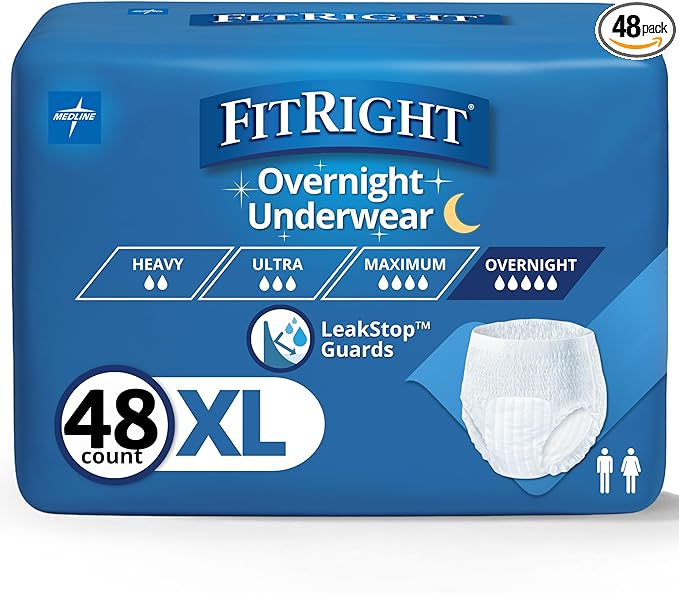 FitRight Overnight Unisex Extra Large Underwear, (56-68 in Waist) 48 Count (4 Bags of 12), Maximum All Night Disposable Incontinence Protection, Pull-On Absorbent Underwear for Men and Women