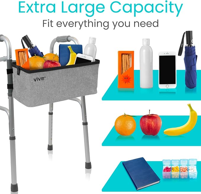 Vive Walker Basket Accessories Bag - Tray for Folding Walker with Water Cup | Holder & Pockets - Universal Large Capacity Storage Container for Seniors, Elderly - Storage Mobility Aid Pouch (Gray)