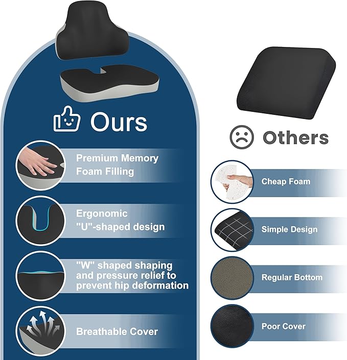 Cushion and Lumbar Support Pillow, Relief Pressure Seat Cusion for Chairs & Car Seat, Ergonomic Design Cusion for Tailbone Pain Relief, Sciatica & Back Support (Black Grey, Lumbar&Cusion)