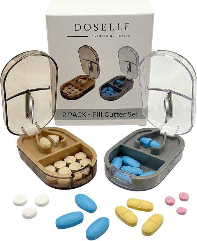 2 Pack Pill Splitter for Small & Large Pills – Professional Pill Cutter with Clear Cover & V-Grip Centering Device – Precise 1/2 & 1/4 Cuts for Oblong, Oval & Round Tablets (Gray & Brown)