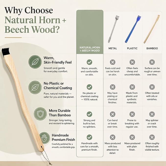 Natural Buffalo Horn Back Scratcher, 17" Curved Beech Wood Handle | Natural Buffalo Horn Tip, 17-Inch Curved Beech Wood Handle, Long Reach, Smooth Rounded Edge, For Men, Women And Seniors