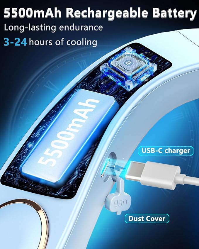 FWV Neck Air Conditioner with Cooling Plate, 5500mAh 3-24H Working, 5-Speed Quiet 30dB, LED Display Personal AC, USB-C Bladless Wearable Cooling Neck Fans that Blow Cold Air for Men Women Kids Blue