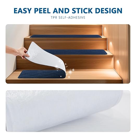 Stair Treads for Wooden Steps Indoor, 15 Pack 8" X 30" Non Slip Carpet Stair Treads with Reusable Adhesive for Elders and Dogs, Surface Polyester TPR Backing Stair Rugs,Navy