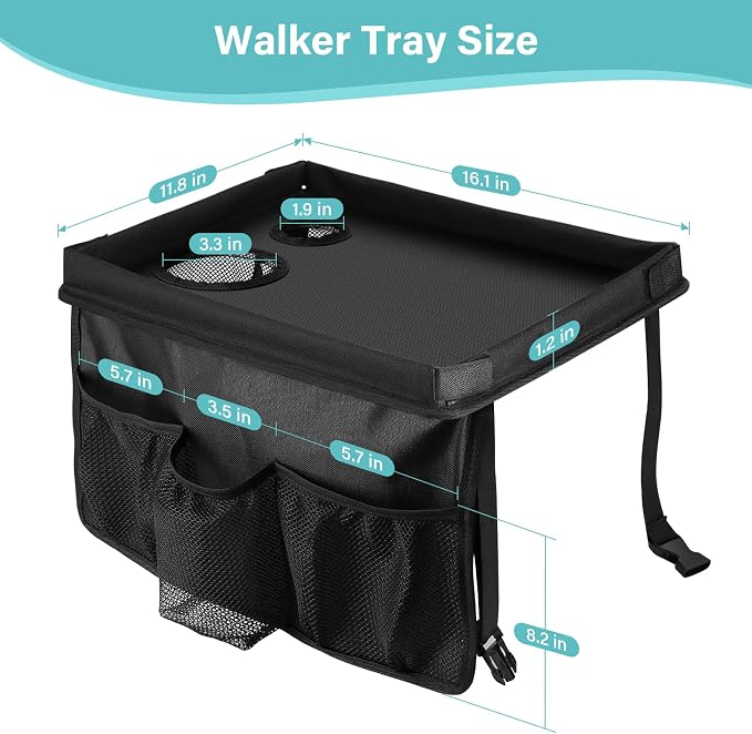 Walker Tray for Folding Walker, Trays for Walkers for Seniors Detachable with Cup Holder,Walker Trays for Rolling Folding Walker,Walker Accessories for Elderly (Black with Baffles)